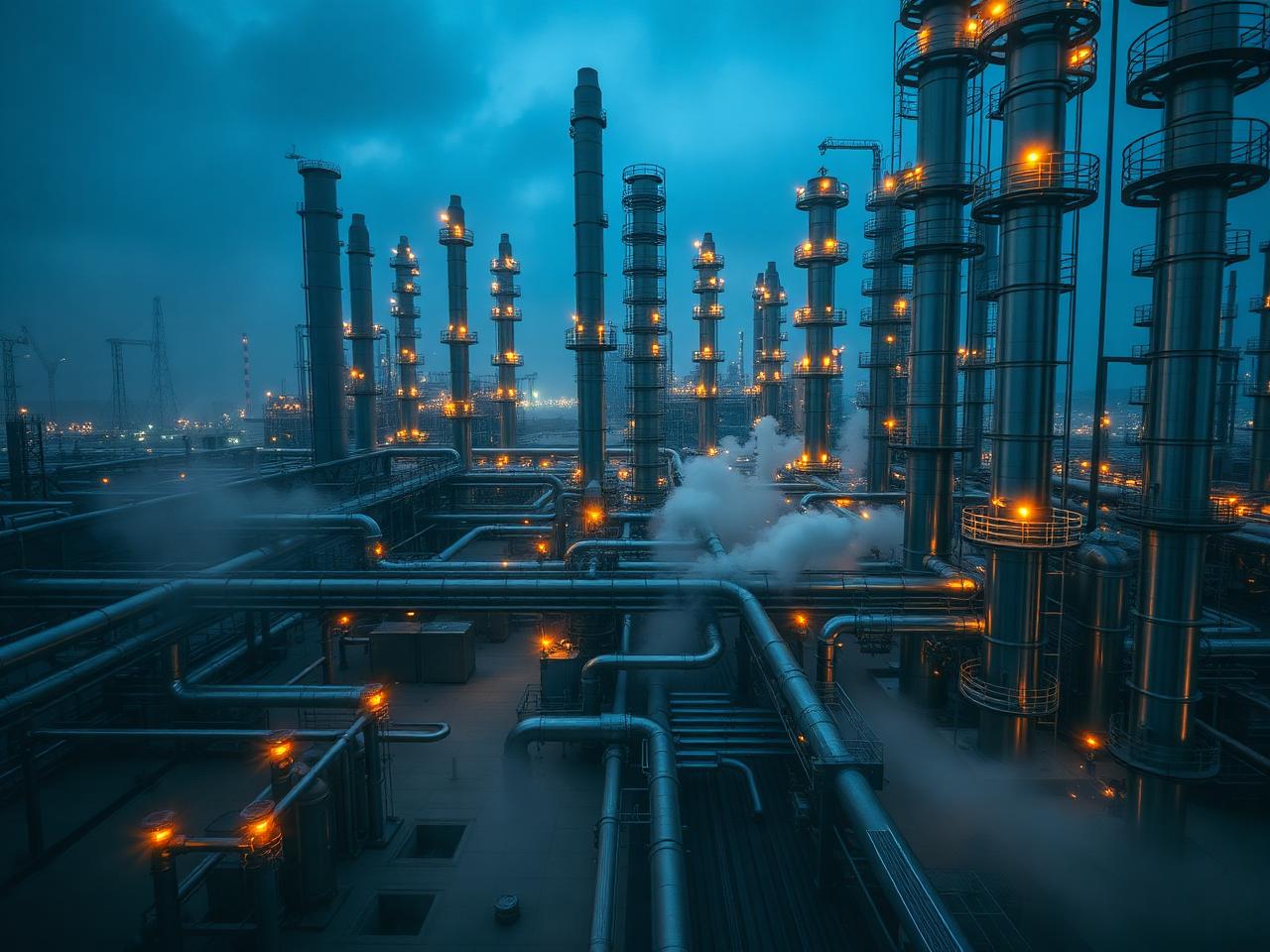 Chemical processing plant at blue hour with illuminated distillation columns