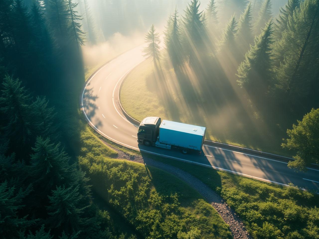 Aerial view of a logistics truck on a winding road through misty green forest
